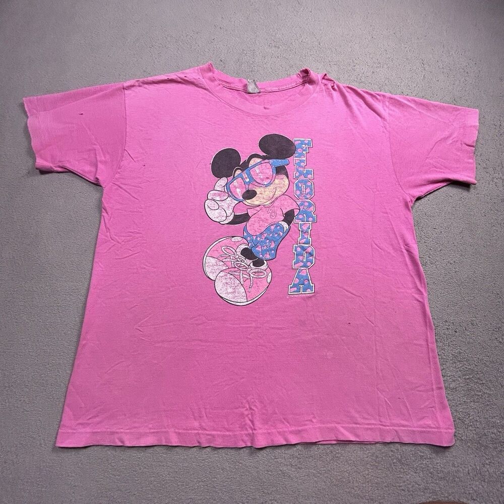 Vintage 90s Disney Mickey Shirt Unisex XL Florida Distressed Pink Single Stitch